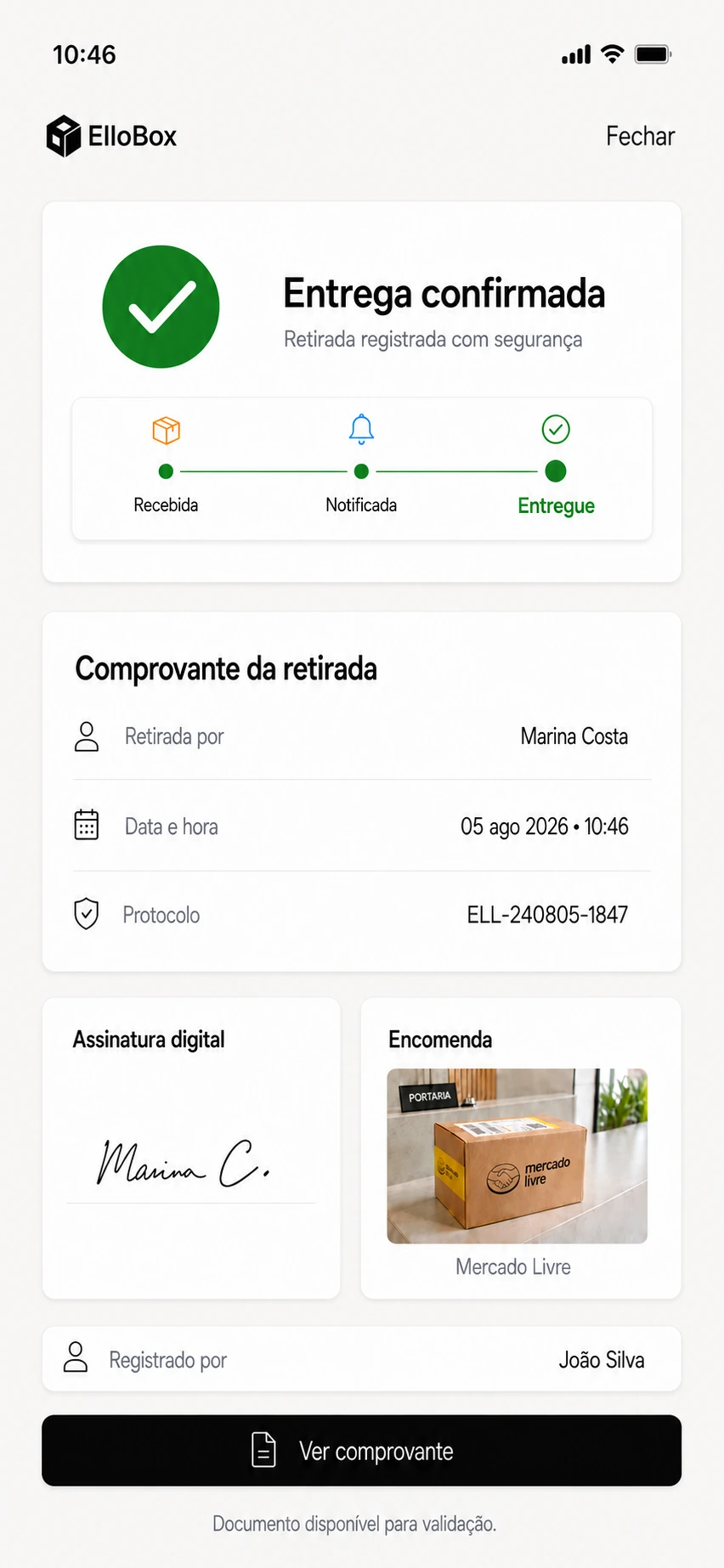 Tela de entrega concluída, com o histórico, o comprovante e a assinatura digital da retirada