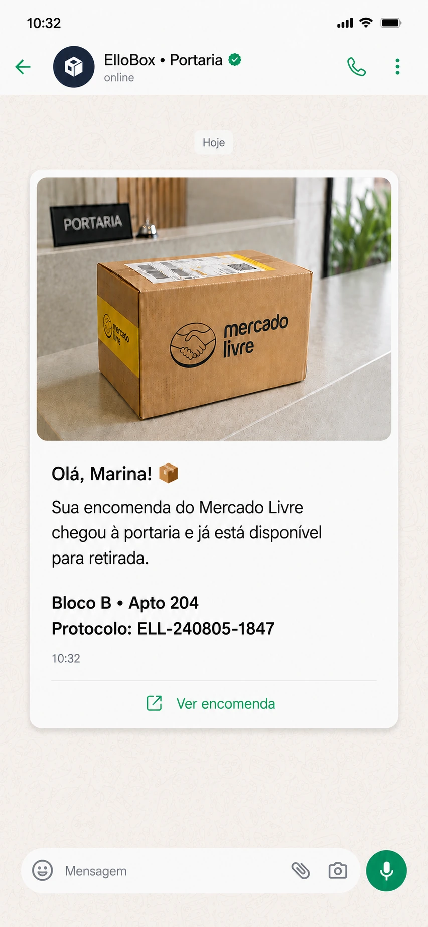 Notificação da ElloBox no WhatsApp avisando o morador que a encomenda chegou à portaria